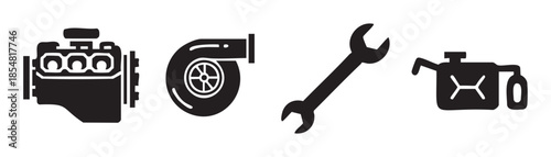 Automotive engine, turbocharger, wrench, and oil can icons illustrate vehicle repair, performance, and essential maintenance concepts.