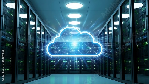 Digital cloud computing network icon glowing brightly above rows of server racks in a futuristic data center environment symbolizing global connectivity and data storage infrastructure