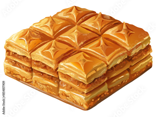 luxury realistic flat illustration of Turkish baklava, layered pastry with honey glaze highlights, rich golden-brown tones, clean flat shading preserving realistic depth, premium dessert illustration