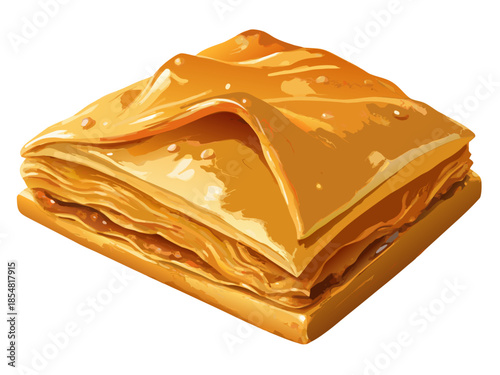 luxury realistic flat illustration of Turkish baklava, layered pastry with honey glaze highlights, rich golden-brown tones, clean flat shading preserving realistic depth, premium dessert illustration