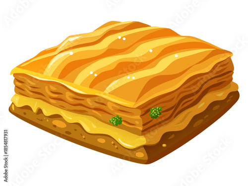 luxury realistic flat illustration of Turkish baklava, layered pastry with honey glaze highlights, rich golden-brown tones, clean flat shading preserving realistic depth, premium dessert illustration