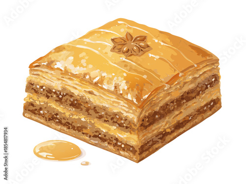 luxury realistic flat illustration of Turkish baklava, layered pastry with honey glaze highlights, rich golden-brown tones, clean flat shading preserving realistic depth, premium dessert illustration