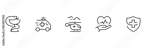 Healthcare transport icon set, pharmacy medical symbol, emergency ambulance service, rescue helicopter flight, heart care protection, health insurance shield illustration.
