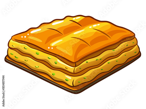 luxury realistic flat illustration of Turkish baklava, layered pastry with honey glaze highlights, rich golden-brown tones, clean flat shading preserving realistic depth, premium dessert illustration