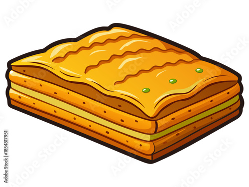 luxury realistic flat illustration of Turkish baklava, layered pastry with honey glaze highlights, rich golden-brown tones, clean flat shading preserving realistic depth, premium dessert illustration