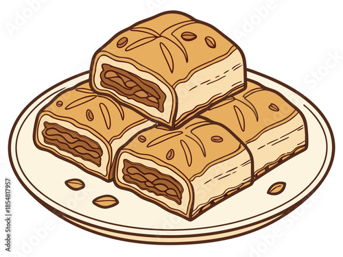 luxury realistic flat illustration of Turkish baklava, layered pastry with honey glaze highlights, rich golden-brown tones, clean flat shading preserving realistic depth, premium dessert illustration