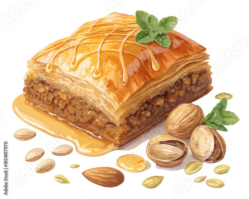 luxury realistic flat illustration of Turkish baklava, layered pastry with honey glaze highlights, rich golden-brown tones, clean flat shading preserving realistic depth, premium dessert illustration
