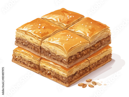 luxury realistic flat illustration of Turkish baklava, layered pastry with honey glaze highlights, rich golden-brown tones, clean flat shading preserving realistic depth, premium dessert illustration