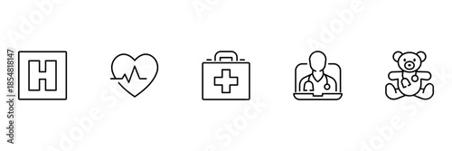 Healthcare service icon set, hospital medical support, heart pulse monitoring, first aid kit emergency, online doctor consultation, care teddy illustration.