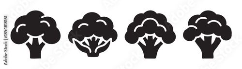 Four different broccoli icons representing healthy vegetable food, perfect for illustrating nutrition, diet, organic produce, and vegetarian lifestyles in various graphic designs.