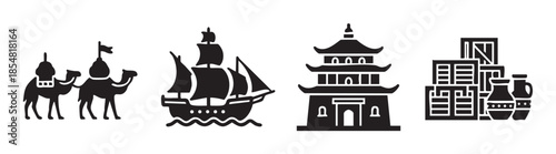 Historical trade route icons illustrating global commerce and cultural exchange across continents, featuring desert caravans, maritime voyages, Asian architecture, and valuable goods.