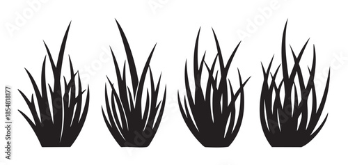 Four stylized grass tufts silhouettes provide versatile natural design elements, perfect for adding organic touches to various creative projects and digital illustrations.