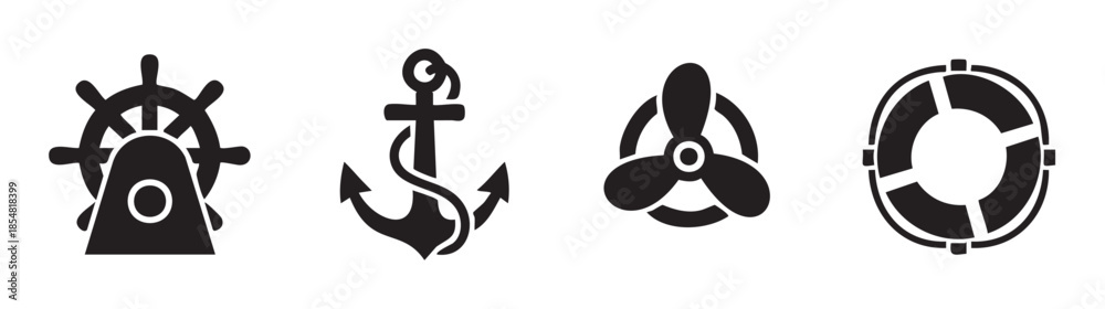 Obraz premium Ship's wheel, anchor, propeller, and lifebuoy icons represent essential nautical symbols for maritime navigation, safety, and adventure.