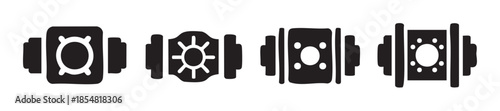 Camera lens icons set featuring abstract and geometric aperture designs, representing photography, vision, and technological concepts in a modern graphic style.
