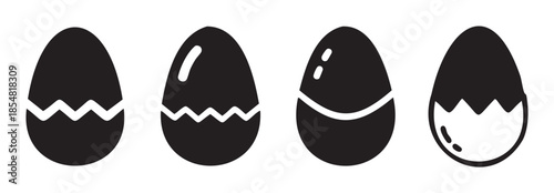 Four black and white cracked egg icons illustrating different stages of hatching or breaking, perfect for spring, Easter, or new beginning concepts.