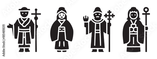 Religious figures and spiritual leaders from various faiths are depicted in a set of black and white flat vector icons, representing diverse spiritual traditions and clergy roles.