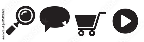 Web interface icons representing search, chat, shopping, and play functions are displayed in a clean, minimalist black and white design for digital applications.