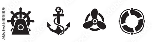Ship's wheel, anchor, propeller, and lifebuoy icons represent essential nautical symbols for maritime navigation, safety, and adventure.