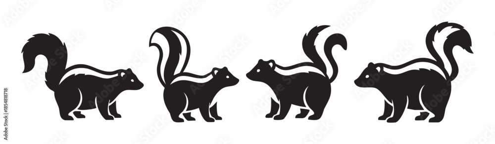 Fototapeta premium Four stylized black and white skunks are depicted in various poses, showcasing their distinctive striped fur and bushy tails as graphic illustrations.