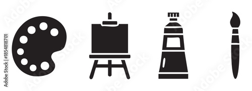 Art supplies icons set featuring a painter's palette, an easel with a canvas, a tube of paint, and a paintbrush for creative projects.