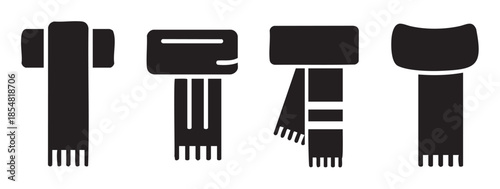 Four different styles of winter scarves are displayed as simple black silhouette icons, representing various ways to wear this cozy accessory during cold weather.