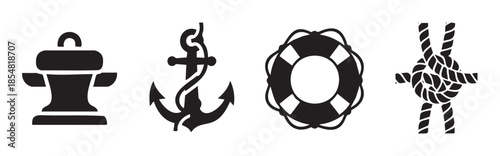 Various nautical marine sailing boat ship ocean symbols and elements are presented as black silhouettes including a bollard, anchor, lifebuoy, and rope knot.