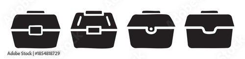 Pet carriers travel crates icons are presented as a collection of black glyphs depicting various portable containers for animal transport.