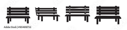 Four park benches in a row showcasing various classic and modern designs, perfect for public parks and outdoor recreational spaces.