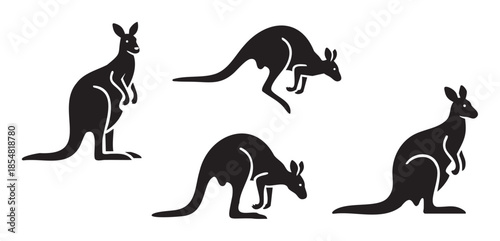 Four black kangaroo silhouettes depicting various poses and movements, showcasing the iconic Australian marsupial in a versatile graphic illustration style.