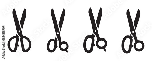 Four black silhouette open scissors icons are displayed in a row, representing cutting tools for various crafts, office tasks, and design elements.