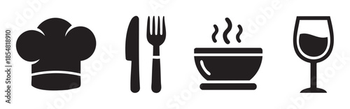 Cooking and dining icons set featuring a chef hat, cutlery, hot food bowl, and wine glass for restaurant and hospitality concepts.