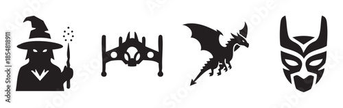 Fantasy and science fiction themed icons and symbols collection showcasing a wizard, a futuristic spaceship, a flying dragon, and a tribal mask.