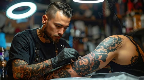 A tattoo artist, adorned with tattoos, works on an arm in a well-lit studio