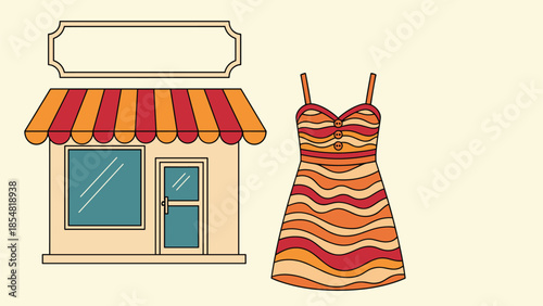 Front view of a small boutique shop with an orange awning next to a colorful wavy pattern dress on yellow background.