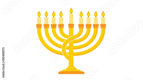 Golden jewish menorah with nine lit candles and yellow flames isolated on a plain white background for hanukkah.