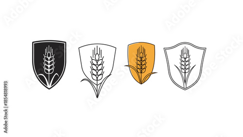 Set of four wheat ear logo designs in different styles and shield shapes isolated on a white background for branding.