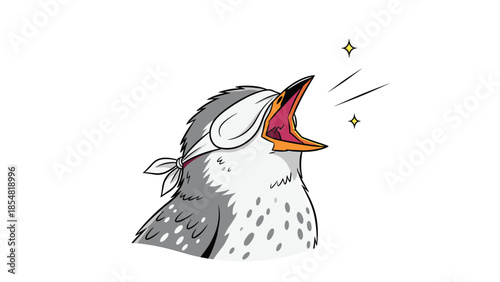 Little gray bird with a blindfold singing loudly with its beak wide open isolated on a plain white background.