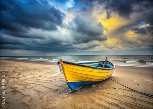 Gloomy Day Beach Scene: Yellow and Blue Boat Ashore