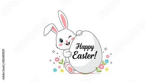 Cute white easter bunny winking and hiding behind a large decorated egg isolated on a white background with flowers.