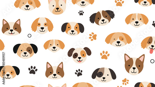 Seamless pattern featuring various cute dog faces and paw prints on a white background for pet themed textile designs.
