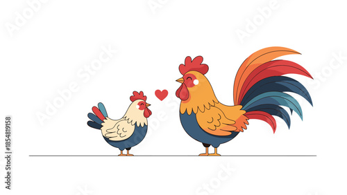 Colorful illustration of a rooster and a smaller hen with a red heart in between isolated on a clean white background.