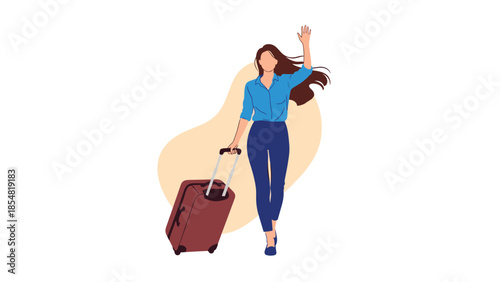 Young woman traveler in blue clothes waving her hand while pulling a suitcase on a bright abstract background for travel.