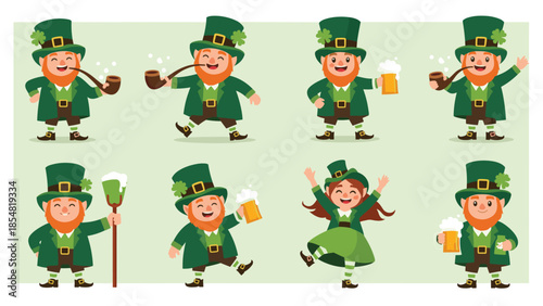 Group of happy leprechaun characters celebrating Saint Patricks Day with beer and pipes on light green background.