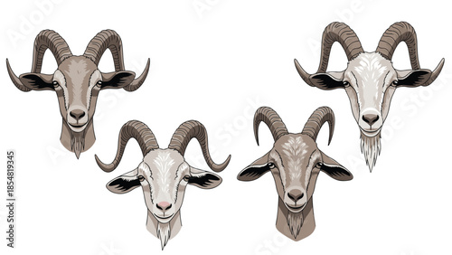 Collection of four different goat and ram heads with various horns isolated on white background for farm animal designs.
