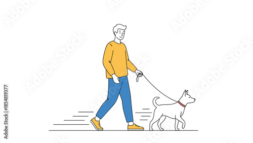 Active man walking his white dog on a leash isolated on a white background with lines indicating movement and speed.