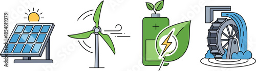 Renewable energy icon set featuring solar panel wind turbine eco battery and water wheel symbols for green power sustainability and clean energy projects