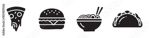Popular fast food icons including pizza, hamburger, noodles, and taco are presented as simple black glyphs on a clean, minimal design.