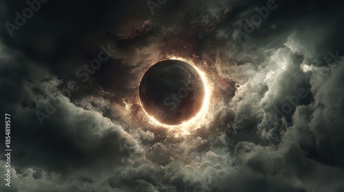 Eerie Ring of Fire Around Dark Eclipse with Dramatic Gray Cloudy Sky Creating a Mystical Atmosphere of Celestial Wonder and Foreboding in a Cinematic Style