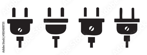 Four different electrical power plug icons representing various types of power connectors and energy supply symbols for modern technology.