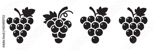 Grape bunches icons set featuring different styles of fruit clusters, perfect for wine, food, and agriculture related graphic design projects.